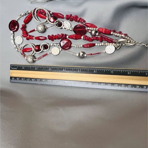 Chico's Statement Necklace  Layered 3 Strand Beaded Red Silver Tone PRETTY 1093 - Picture 10 of 12